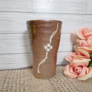 Studio Art Pottery Rustic Folk Art Boho Brown Flared Cylinder Flower Vase